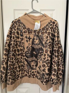 Tan Sequin Leopard Cardigan Sweater with Graphic Queen Motif
